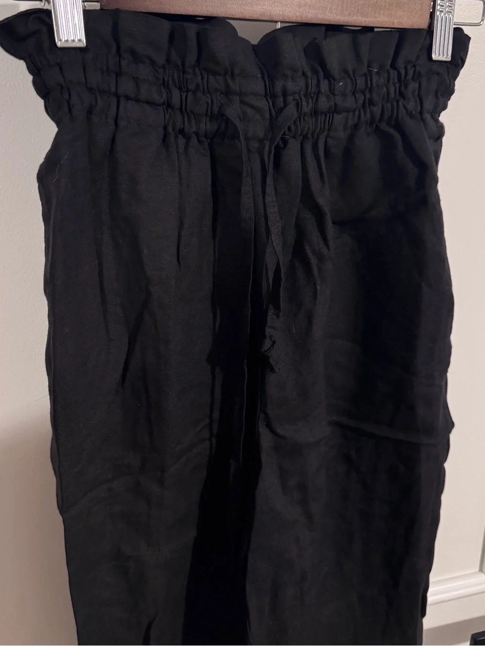 H&M Black High-Waist Paperbag Linen-Blend Pants